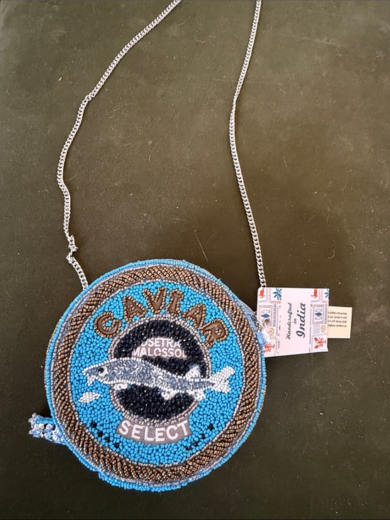 Hand Crafted Handbags - NWT Viral Hand Crafted Blue Beaded Caviar Crossbody Bag with Fish Motif